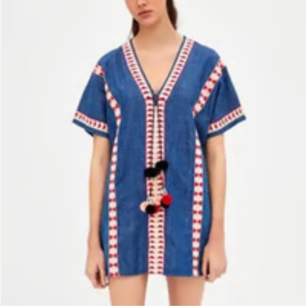 Zara Chambray Embroidered V-Neck Short Dress with Pom Pom Tassels